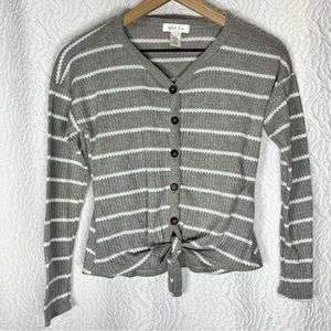 White Fawn Striped Bottom Tie Long Sleeve Top